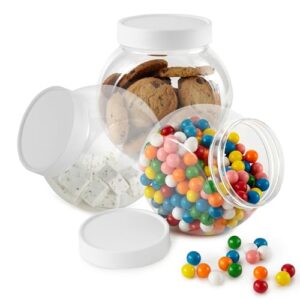 stock your home (3 pack 48oz plastic candy jars with lids for candy buffet, clear candy containers with lids, plastic cookie jar for home, kitchen, office desk, party table, laundry storage organizer