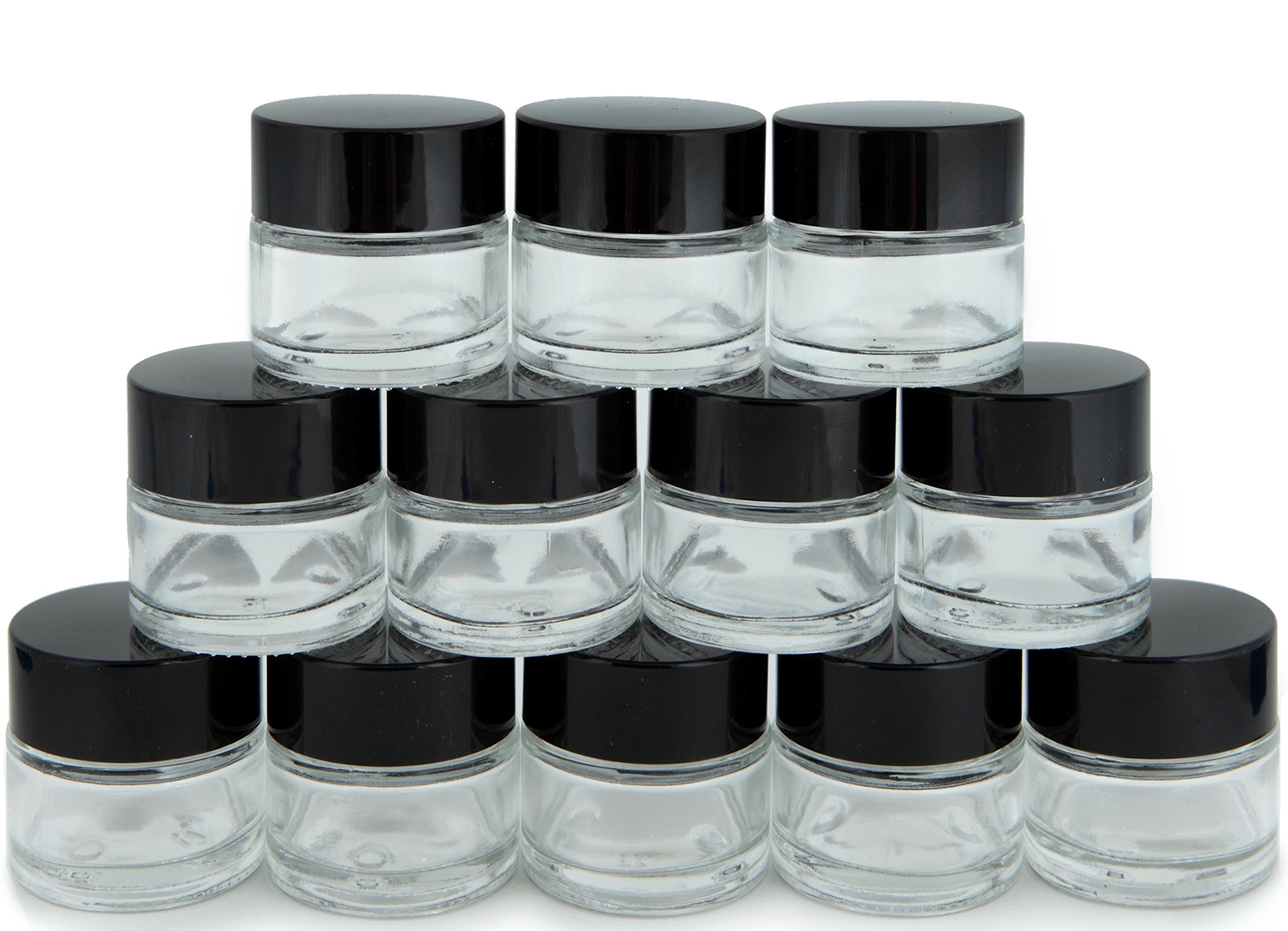 Vivaplex, 12, Clear, 1 oz, Round Glass Jars, with Inner Liners and black Lids