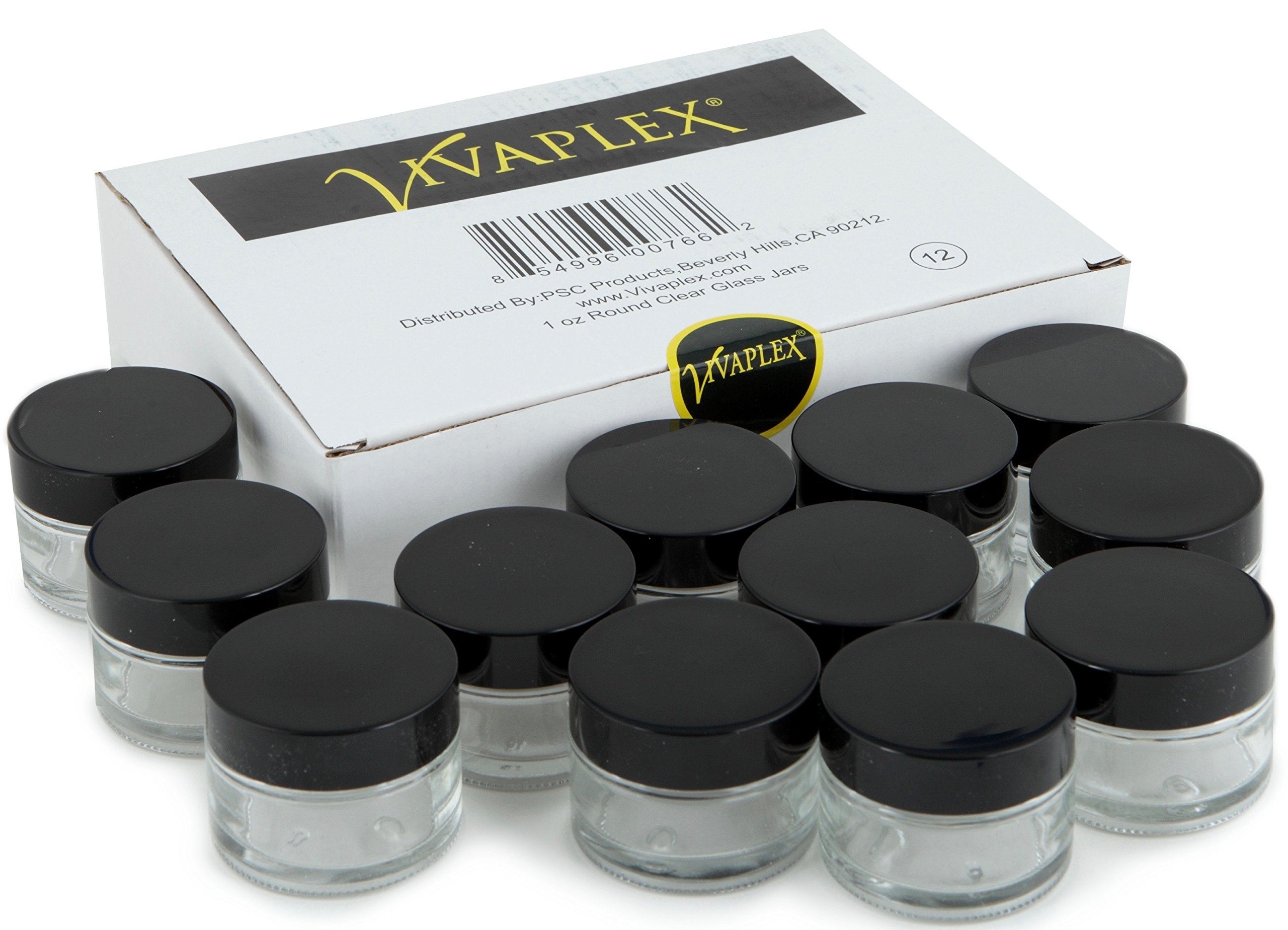 Vivaplex, 12, Clear, 1 oz, Round Glass Jars, with Inner Liners and black Lids