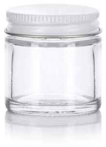 1 oz / 30 ml clear thick glass straight sided jar with white metal airtight lid (4 pack)