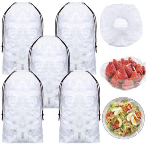 500 pcs fresh keeping bags elastic food storage covers plate bowl covers reusable clear stretch plastic covers for bowls with 5 pcs drawstring storage bags for family outdoor picnic wrap lid
