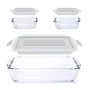 luvan glass baking dish, 2.3 qt rectangular baking dish and 2 pack glass food storage container with airtight lid,freezer oven safe glass bakeware, easy grab(3pc（bakeware+containers ）)