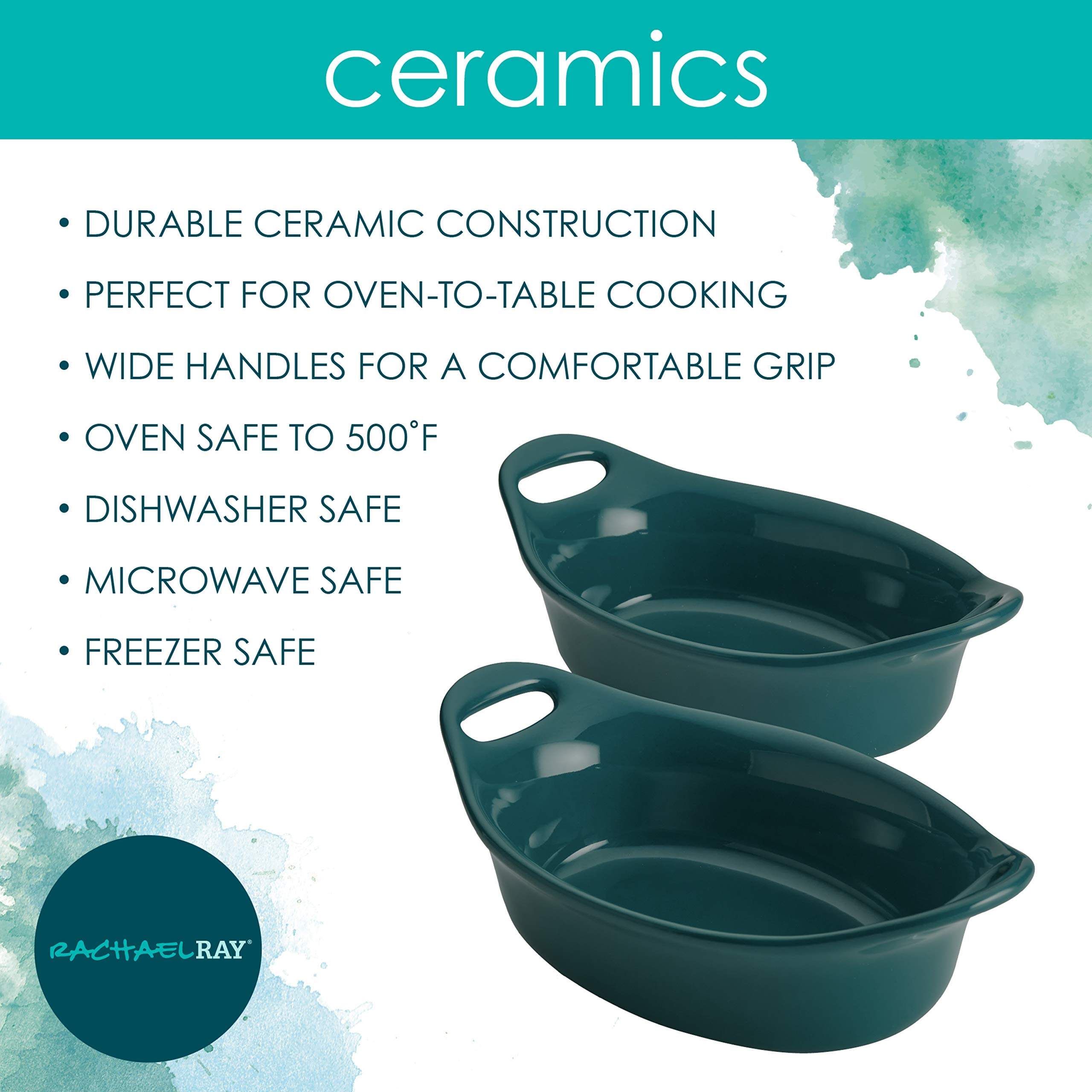 Rachael Ray Solid Glaze Ceramics Au Gratin Bakeware / Baker Set, Oval - 2 Piece, Teal