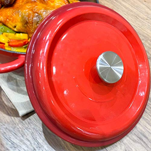 Dutch Oven Enameled Cast Iron With Stainless Steel Knob and Large Loop Handles, Round Nonstick Multi-functional Cookware Self-Basting Condensation Ridges On Lid (Red, 2-Quart)