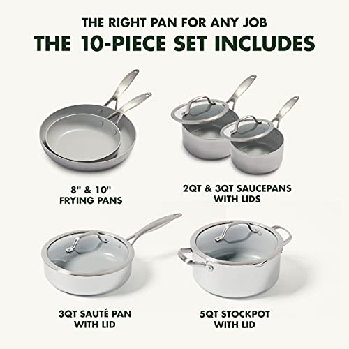 GreenPan Venice Pro Tri-Ply Stainless Steel Healthy Ceramic Nonstick 10 Piece Cookware Pots and Pans Set, PFAS-Free, Multi Clad, Induction, Dishwasher Safe, Oven Safe, Silver