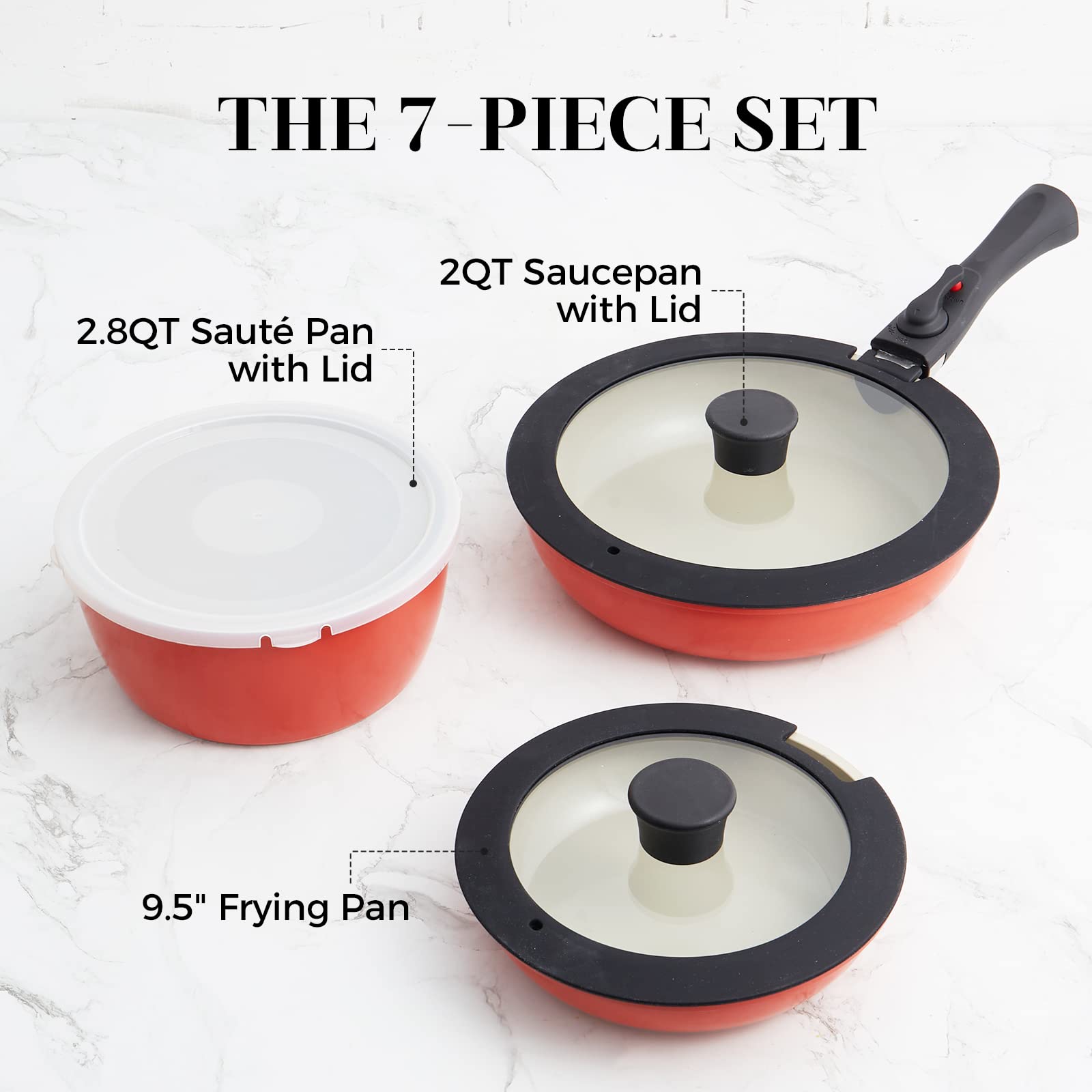 Pots and Pans with Removable Handle, Cookware Set with Ceramic Nonstick Coating, Suitble for Camping | RV, Dishwasher Safe | Ovens Safe | PFAS Free | PFOA Free, Orange