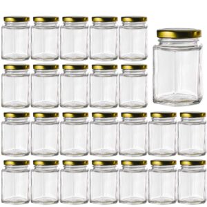 woaiwo-q glass jars with lids, 4 oz mason jars spice jars honey jars hexagon jars for sealing, canning jars for food storage, overnight oats, dry food, snacks, candies, diy projects(gold,25pack)