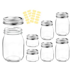 yuekui 6 pcs mason jars with 70mm regular-mouth glass canning jars, clear glass jars with silver metal lids for jelly, sara,bird’s nest, jam, milk tea,wedding-gifts,as an element of interior(2pcs 4.8oz/2pcs 8oz/2pcs 16oz)