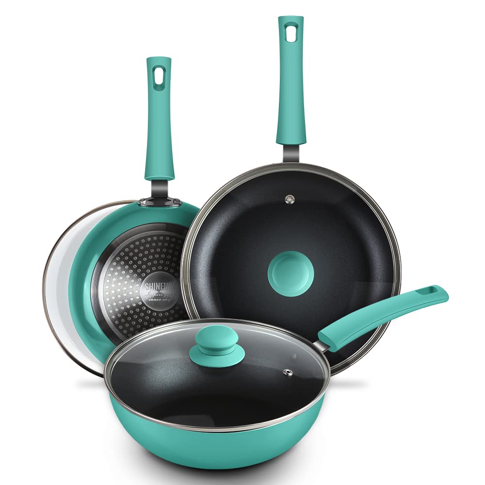 SHINEURI 6 Pieces Nonstick Pans with Lids Nonstick Frying Pans with Lid Nonstick Skillet with Lids Ceramic Pan with Lids Ceramic Skillet Nonstick Pans, Ceramic Pans for Cooking - 9.5/9.5/11 Inch