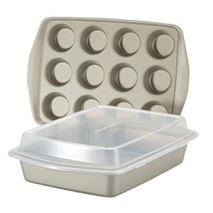 rachael ray nonstick bakeware set without grips includes nonstick baking pan with lid and muffin pan / cupcake pan - 3 piece, silver