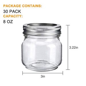 Accguan 8oz / 250ml Mason Jars with Airtight Lids, Glass Jar With Regular Lids, Clear Glass Jar Ideal for Jam,Honey,Wedding Favors,Shower Favors, Set of 30