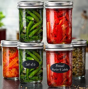 8oz glass mason jars with lids set of 6 - wide mouth - airtight band + marker & labels - canning jars with lids, ideal for candle jars, spice jars, wedding favors, meal prep, jelly jar, jam, honey,