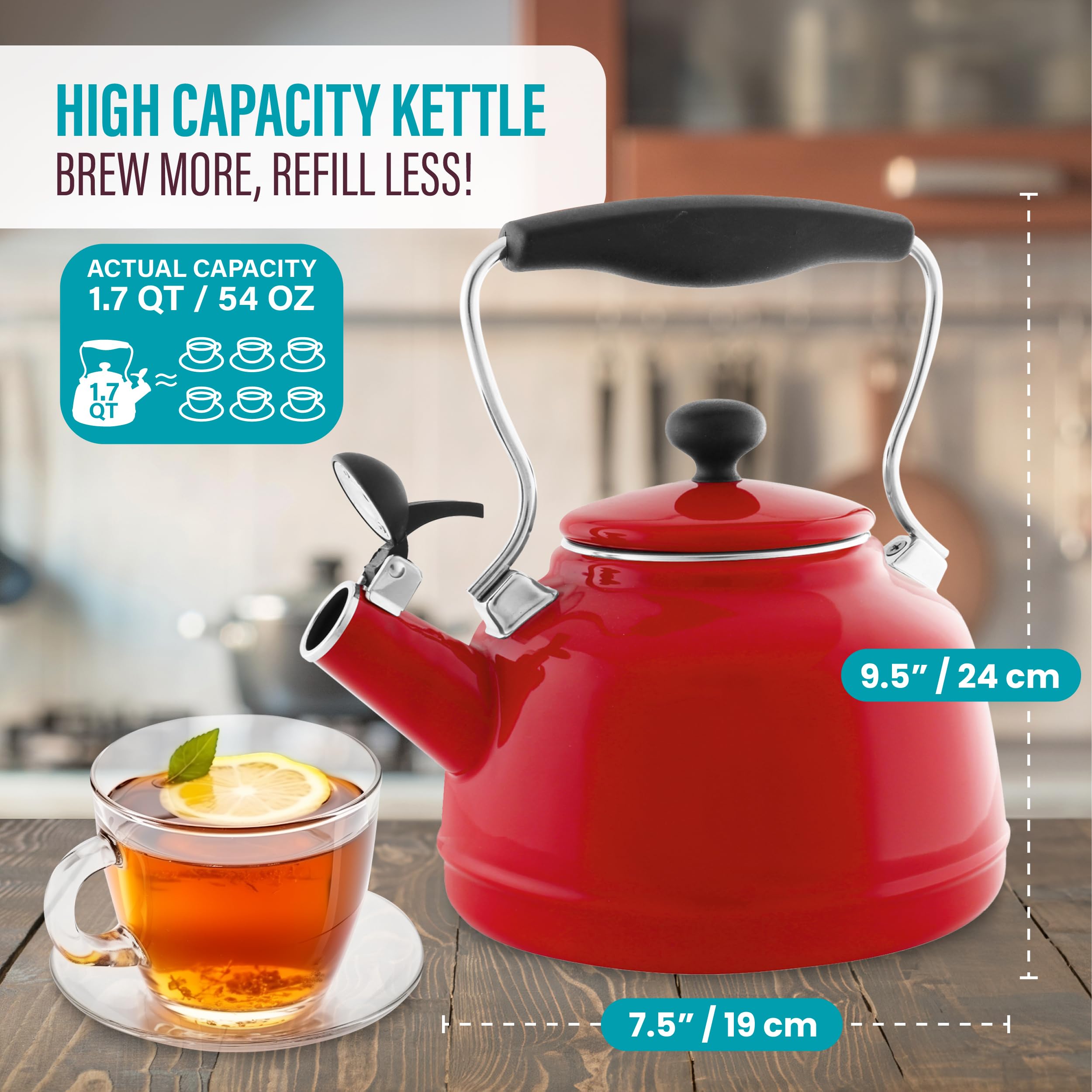 Chantal Tea Kettle, 1.7 QT, Vintage Series, Premium Enamel on Carbon Steel, Whistling, Even Heating & Quick Boil (Chili Red)