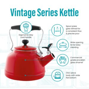 Chantal Tea Kettle, 1.7 QT, Vintage Series, Premium Enamel on Carbon Steel, Whistling, Even Heating & Quick Boil (Chili Red)