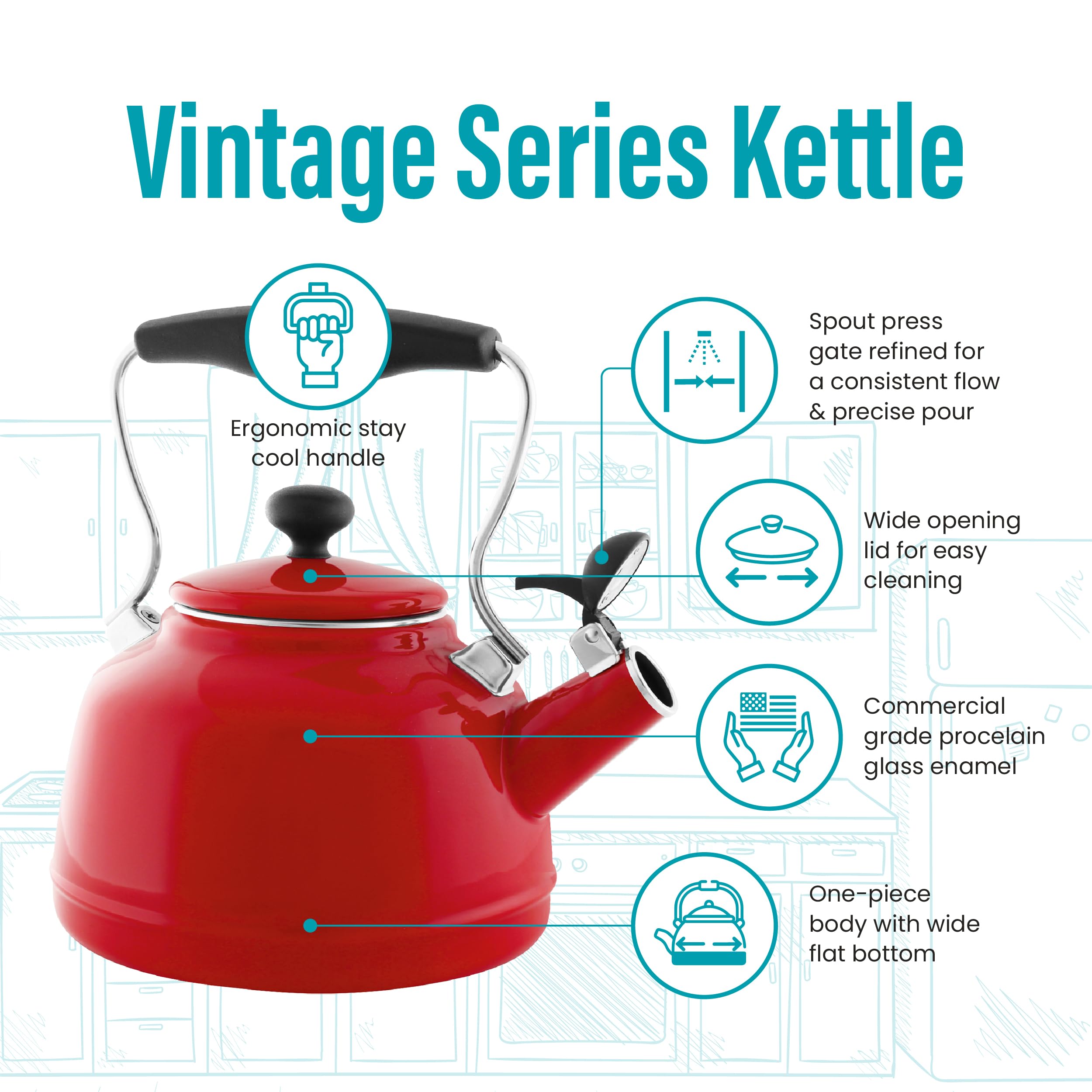 Chantal Tea Kettle, 1.7 QT, Vintage Series, Premium Enamel on Carbon Steel, Whistling, Even Heating & Quick Boil (Chili Red)