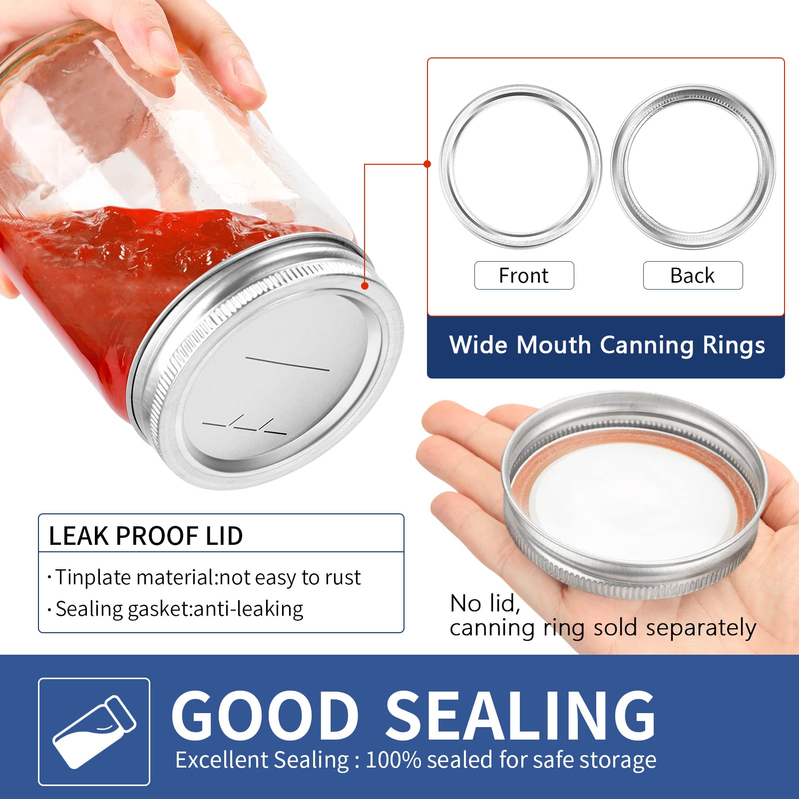48 PCS Wide Mouth Canning Rings, Wide Mouth Mason Jar Rings - Split-Type Seals Jar Rings, Replacement Metal Rings Rust Proof Leak Proof Screw Bands for Wide Mouth Jar