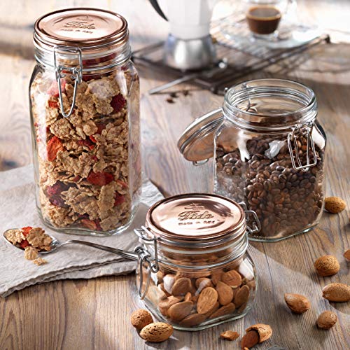 Bormioli Rocco Glass Co Fido Square Metallic Lid Jar, 33.75 oz, Copper