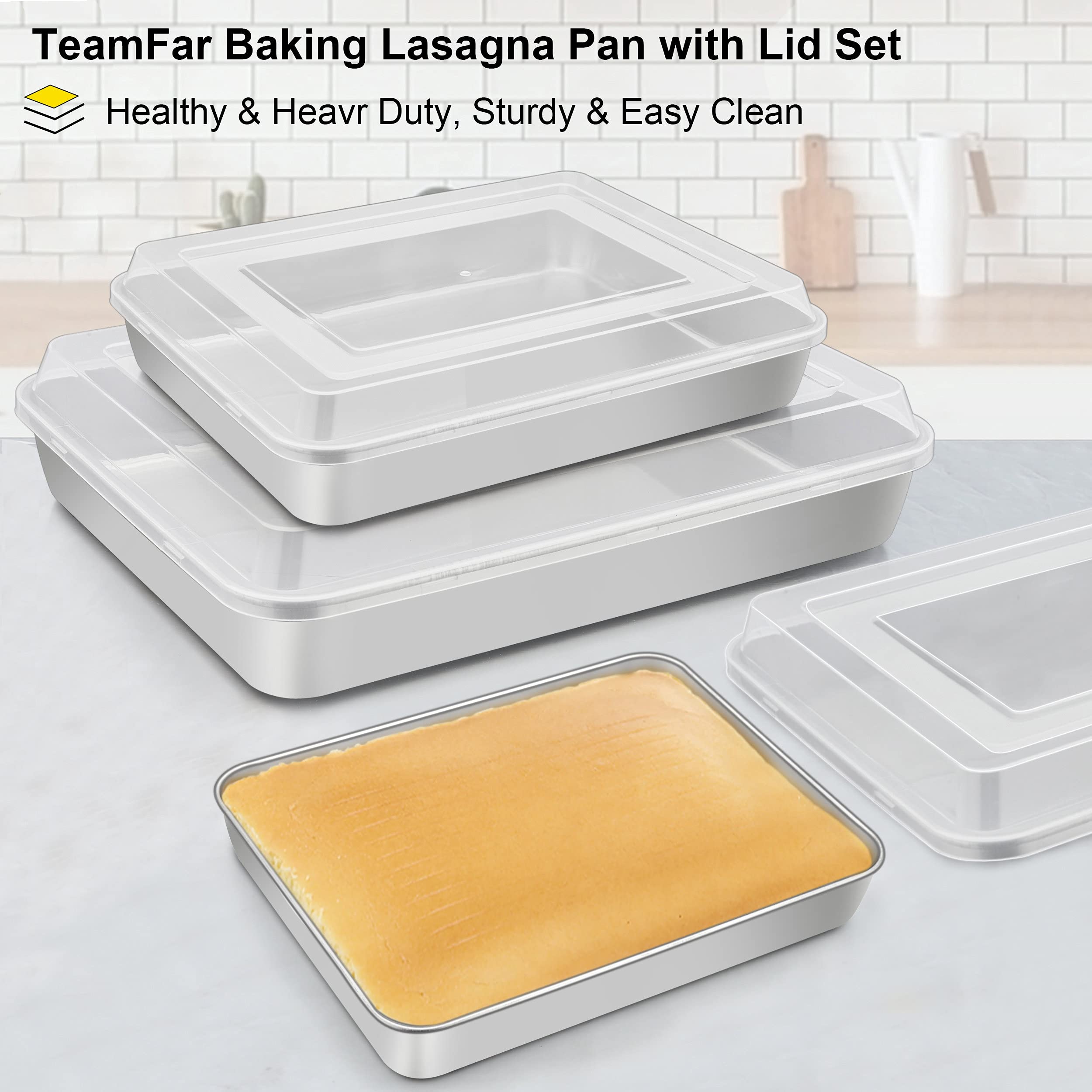 TeamFar Lasagna Pan(3 Pan & 3 Lids), 12⅖” & 10¼” & 9⅖” Cake Pan with Lids, Rectangular Baking Pan Stainless Steel Bakeware Set for Lasagna Cake Brownie, Healthy & Sturdy, Dishwasher Safe