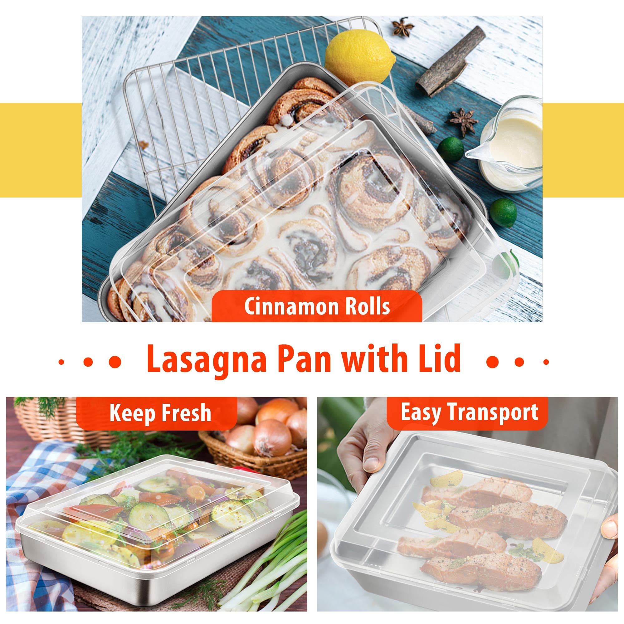 TeamFar Lasagna Pan(3 Pan & 3 Lids), 12⅖” & 10¼” & 9⅖” Cake Pan with Lids, Rectangular Baking Pan Stainless Steel Bakeware Set for Lasagna Cake Brownie, Healthy & Sturdy, Dishwasher Safe