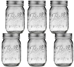 regular mouth mason jars 16 oz - (6 pack) - ball regular mouth pint 16-ounces mason jars with airtight lids and bands - for canning, fermenting, pickling, freezing, storage + m.e.m rubber jar opener