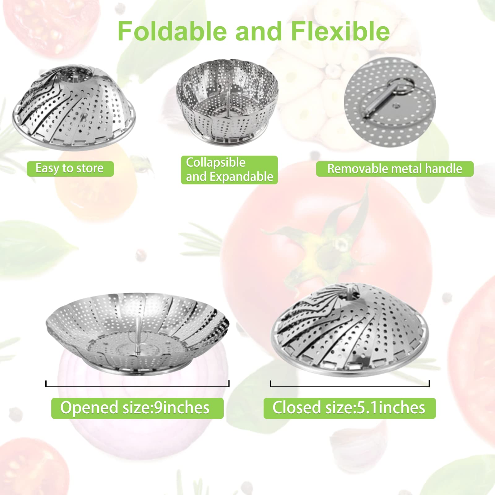 Jemyda Vegetable Steamer Basket, Foldable Stainless Steel Veggie Steamer Basket, Food Steamer for Cooking, Expandable Steaming Basket (5.1" to 9")