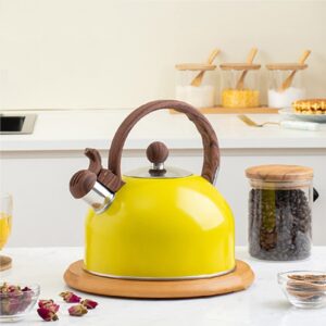 Tea Kettle, Whistling Tea Kettle for Stovetop - 2.5L Stainless Steel Whistling Kettle Tea Pot for Stove Top with Wood Grain Handle Loud Whistle (Yellow)