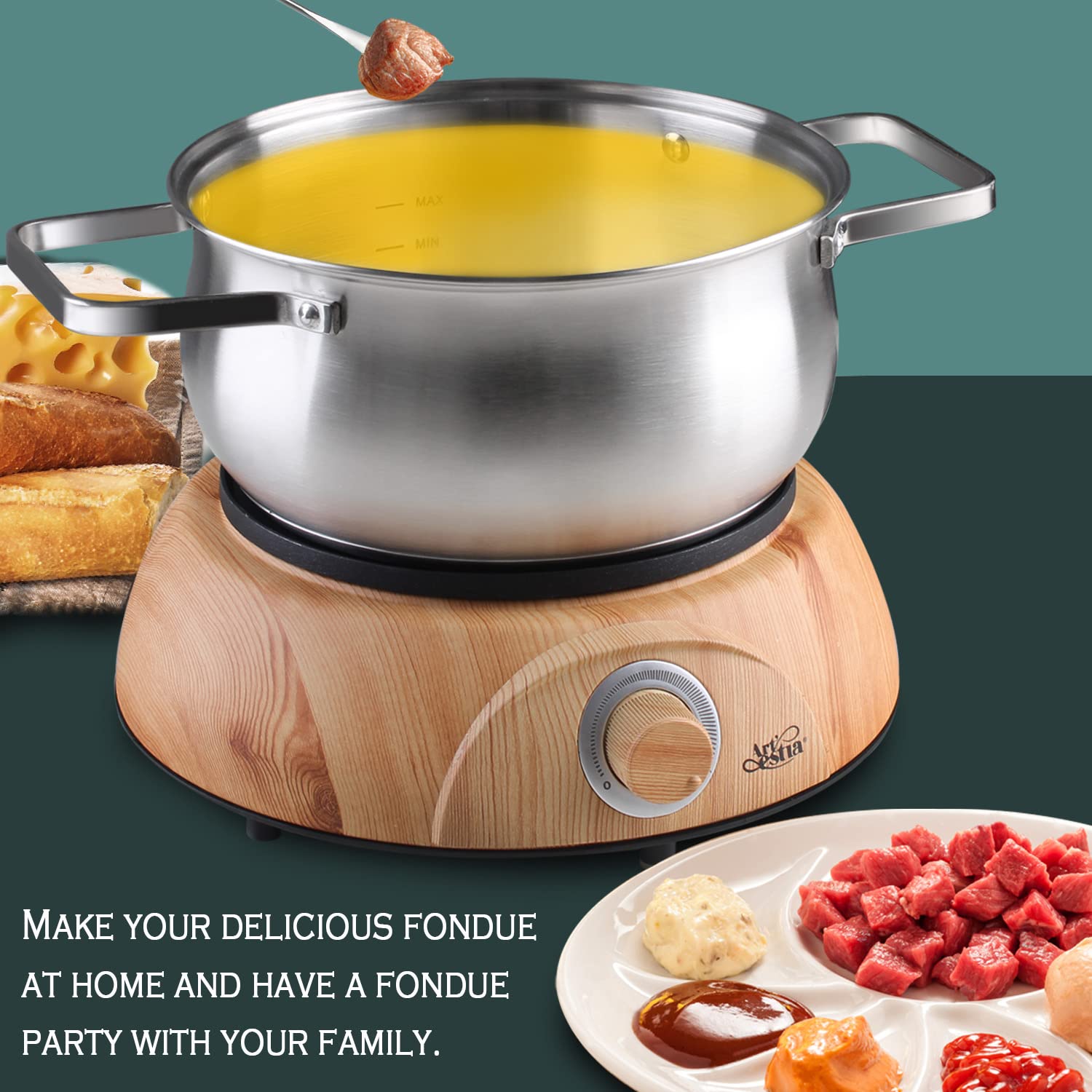 Artestia Electric Fondue Pot Set for Melting Chocolate Cheese, 1500W Cheese Fondue Pot Sets with Temperature Control for Meat Fondue Party, 8 Colored Fondue Forks