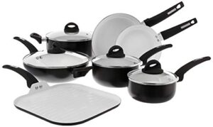 oster herstal aluminum cookware set with ceramic non-stick and soft touch bakelite handle with tempered glass lids, 11-piece, black w/white interior