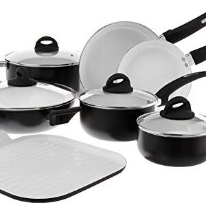 Oster Herstal Aluminum Cookware Set with Ceramic Non-Stick and Soft Touch Bakelite Handle with Tempered Glass Lids, 11-Piece, Black w/White Interior