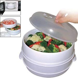 Dependable Industries 2 Tier Microwave Steamer Healthy Cooking Quick Fast Vegetables Meats Poultry Fish No Oil Needed! BPA FREE