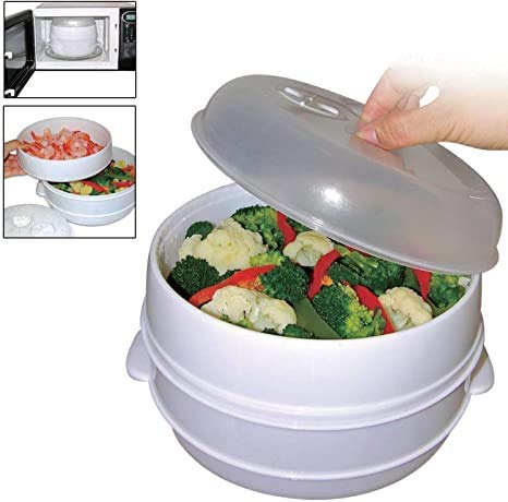 Dependable Industries 2 Tier Microwave Steamer Healthy Cooking Quick Fast Vegetables Meats Poultry Fish No Oil Needed! BPA FREE