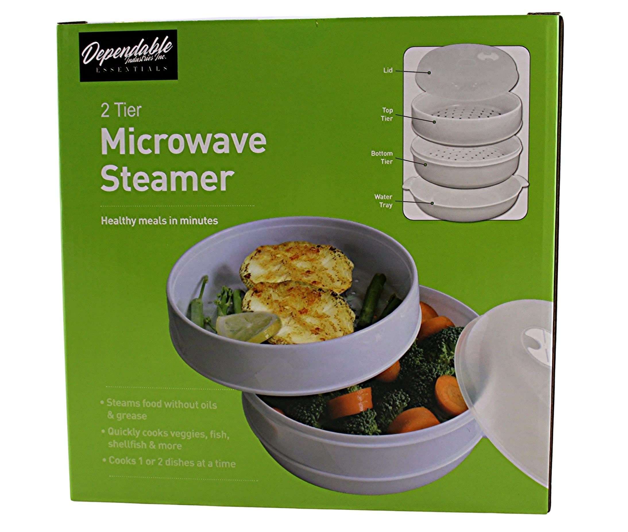 Dependable Industries 2 Tier Microwave Steamer Healthy Cooking Quick Fast Vegetables Meats Poultry Fish No Oil Needed! BPA FREE