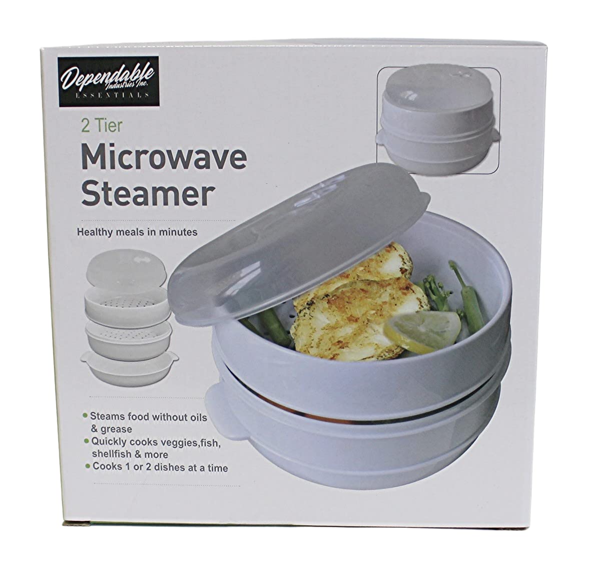 Dependable Industries 2 Tier Microwave Steamer Healthy Cooking Quick Fast Vegetables Meats Poultry Fish No Oil Needed! BPA FREE