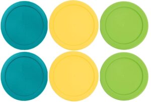 klare ware 4 cup replacement lids/covers for pyrex 7201, anchor hocking & klare ware storage bowls (glass container not included) microwave, freezer & top rack dishwasher safe (6 pack, turq-y-lawn gr)