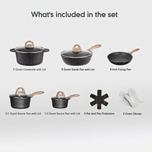 JEETEE Pots and Pans Set Nonstick, Granite Coating Cookware Sets Induction Compatible 16 Pieces with Frying Pan, Saucepan, Sauté Pan, Casserole, Cooking Pots, PFOA Free, (Grey, 16pcs)