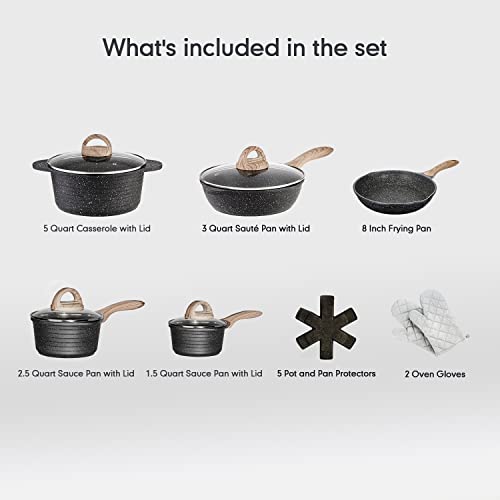 JEETEE Pots and Pans Set Nonstick, Granite Coating Cookware Sets Induction Compatible 16 Pieces with Frying Pan, Saucepan, Sauté Pan, Casserole, Cooking Pots, PFOA Free, (Grey, 16pcs)