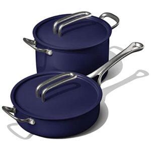 Risa Induction Cookware Pot and Pan Set by Eva Longoria - Nonstick, Ceramic Coating, Stainless Steel Handle Cookware Set - 10 inch Pot, 11 Inch Pan w/Lid - Deep Blue - Kitchen Sets for Cooking