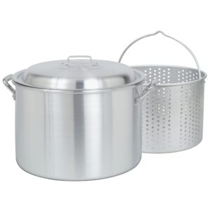 bayou classic 4020 20-qt aluminum stockpot w/ basket features domed vented lid heavy riveted handles perforated aluminum basket perfect for boiling and canning handcrafted design