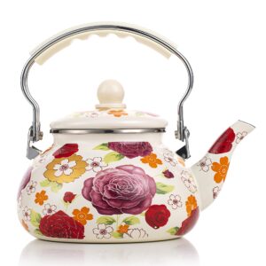 enamel 2.3 quart teapot floral,large porcelain enameled teakettle,colorful hot water tea kettle pot for stovetop,small retro classic design, white