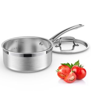 stainless steel saucepan with lid, triple ply 1.5 quart sauce pan with cover induction cooking sauce pot perfect for making sauces, reheating soups, stocks, cooking grains - dishwasher safe oven safe