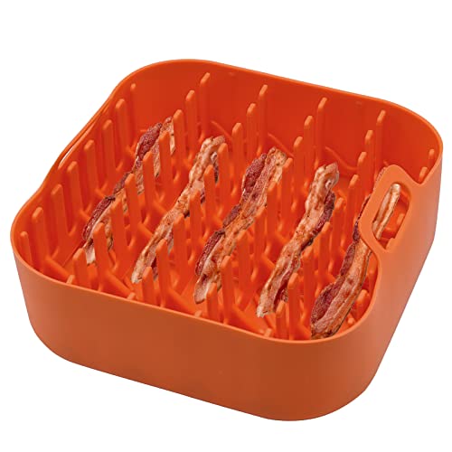 Lucorpor Silicone Bacon Cooker, Orange, Non-Stick, Microwave Oven, Bacon Rack, Tray and Grease Catcher, 9-Stripe, BPA Free