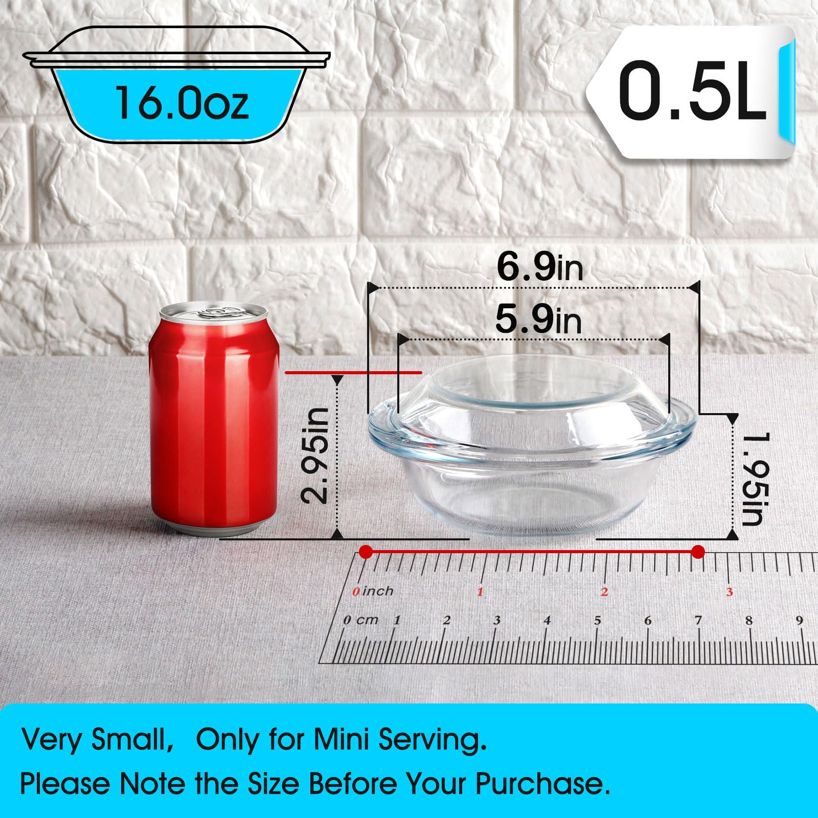 Mini-0.5 Liter Glass Casserole Dish With Glass Lid, Round Oven Safe Glass Bakeware with Handles, Microwave Oven Safe Glass Bowl with Lid