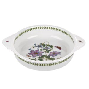 portmeirion botanic garden round baking dish with handles | 10 inch baking dish with clematis motif | made from porcelain | dishwasher and microwave safe