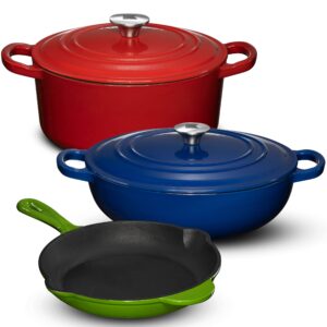 enameled cast iron cookware set - 5 pieces solid colored braiser dish, fry pan, & dutch oven pot with lids - heavy duty non-stick kitchen cookware sets for induction, gas stoves & all cooktops