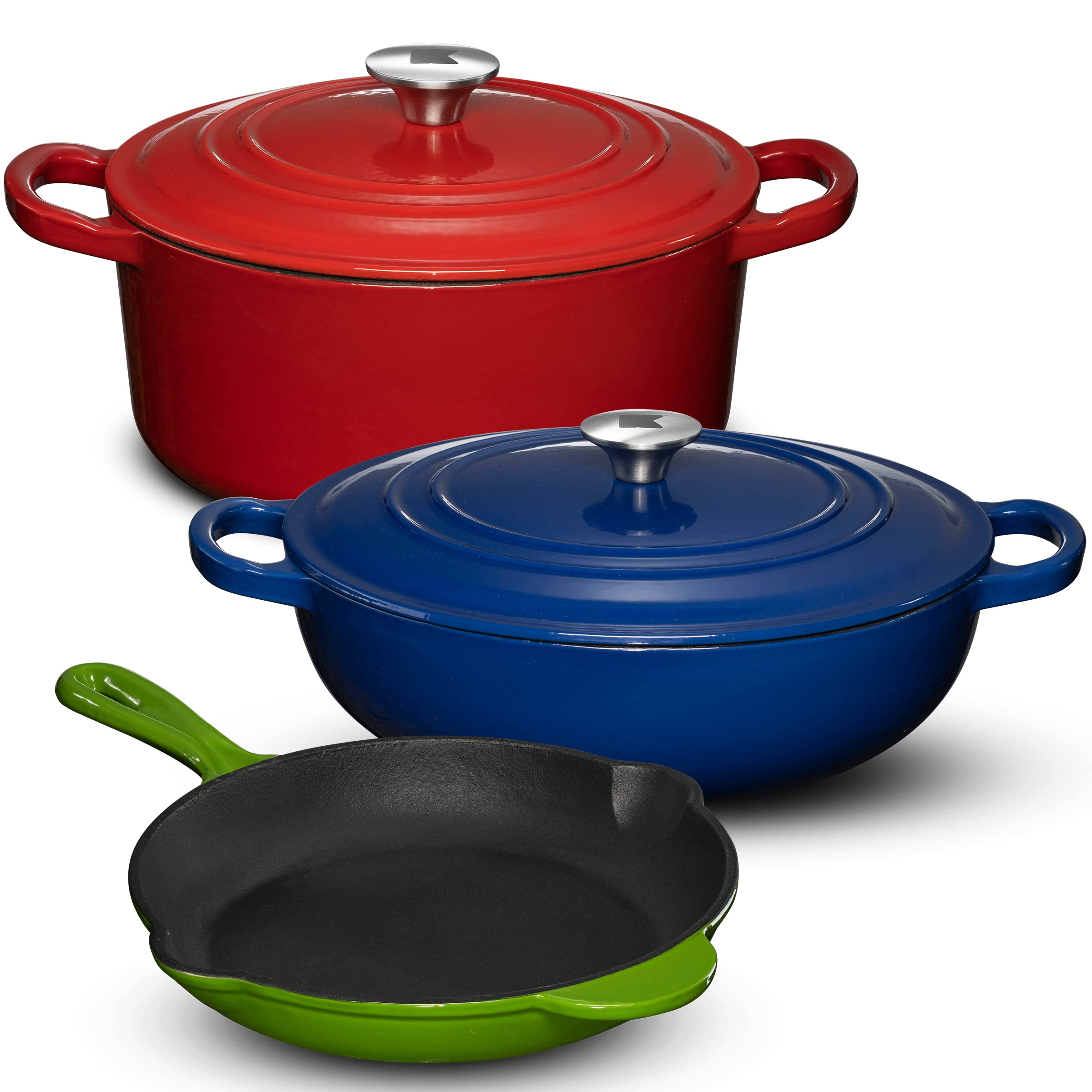 Enameled Cast Iron Cookware Set - 5 Pieces Solid Colored Braiser Dish, Fry Pan, & Dutch Oven Pot with Lids - Heavy Duty Non-Stick Kitchen Cookware Sets for Induction, Gas Stoves & All Cooktops