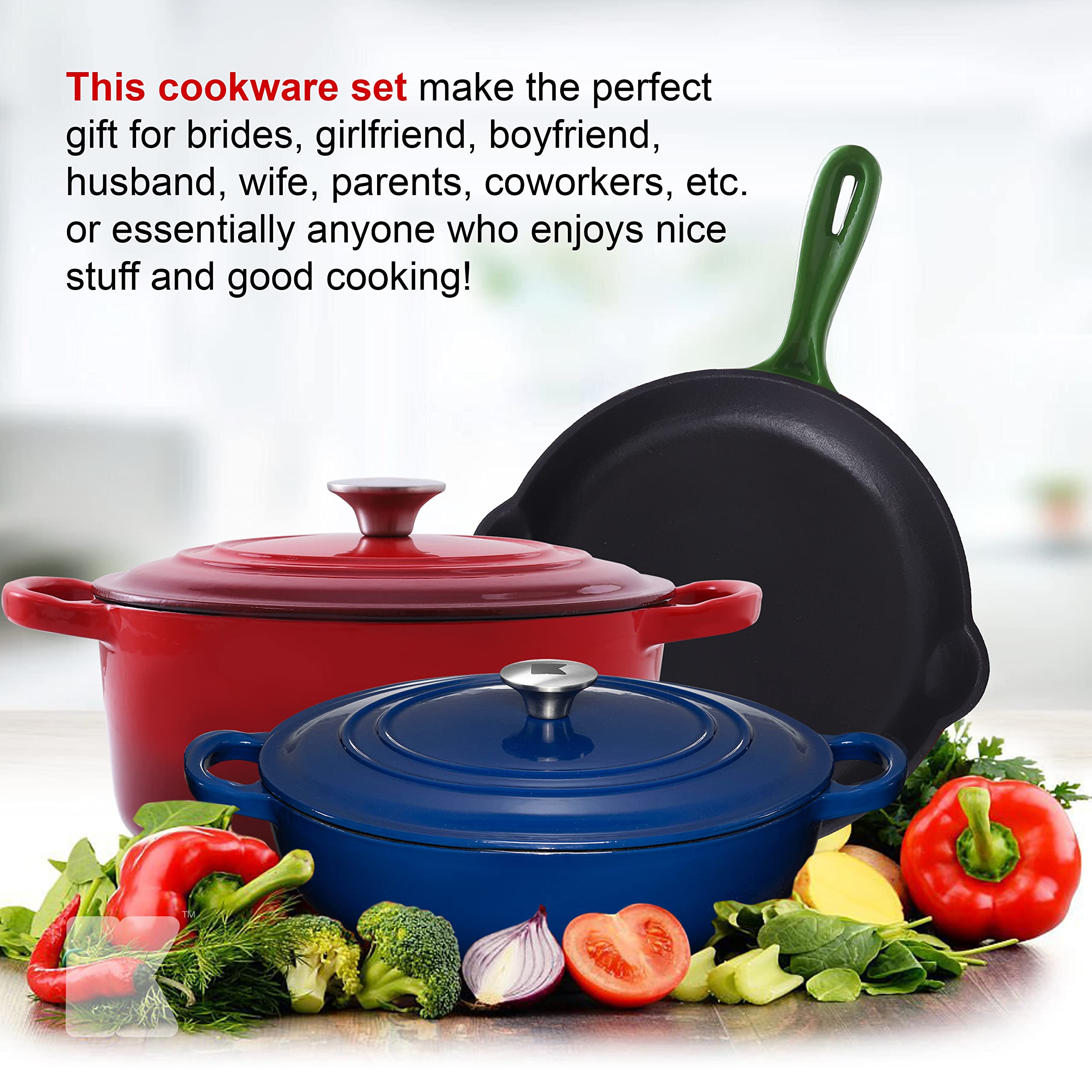 Enameled Cast Iron Cookware Set - 5 Pieces Solid Colored Braiser Dish, Fry Pan, & Dutch Oven Pot with Lids - Heavy Duty Non-Stick Kitchen Cookware Sets for Induction, Gas Stoves & All Cooktops