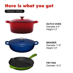 Enameled Cast Iron Cookware Set - 5 Pieces Solid Colored Braiser Dish, Fry Pan, & Dutch Oven Pot with Lids - Heavy Duty Non-Stick Kitchen Cookware Sets for Induction, Gas Stoves & All Cooktops