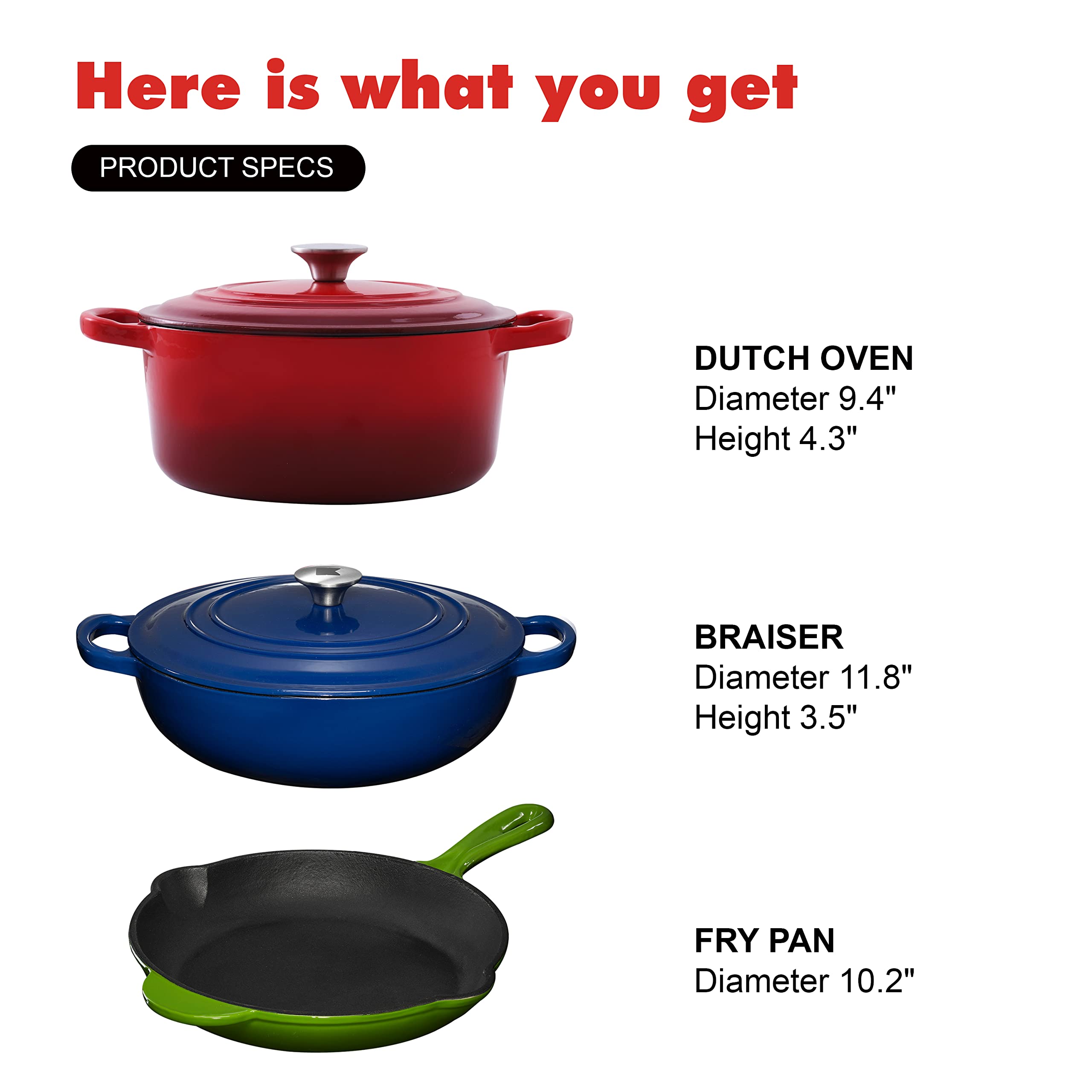 Enameled Cast Iron Cookware Set - 5 Pieces Solid Colored Braiser Dish, Fry Pan, & Dutch Oven Pot with Lids - Heavy Duty Non-Stick Kitchen Cookware Sets for Induction, Gas Stoves & All Cooktops