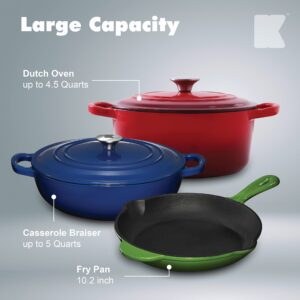 Enameled Cast Iron Cookware Set - 5 Pieces Solid Colored Braiser Dish, Fry Pan, & Dutch Oven Pot with Lids - Heavy Duty Non-Stick Kitchen Cookware Sets for Induction, Gas Stoves & All Cooktops