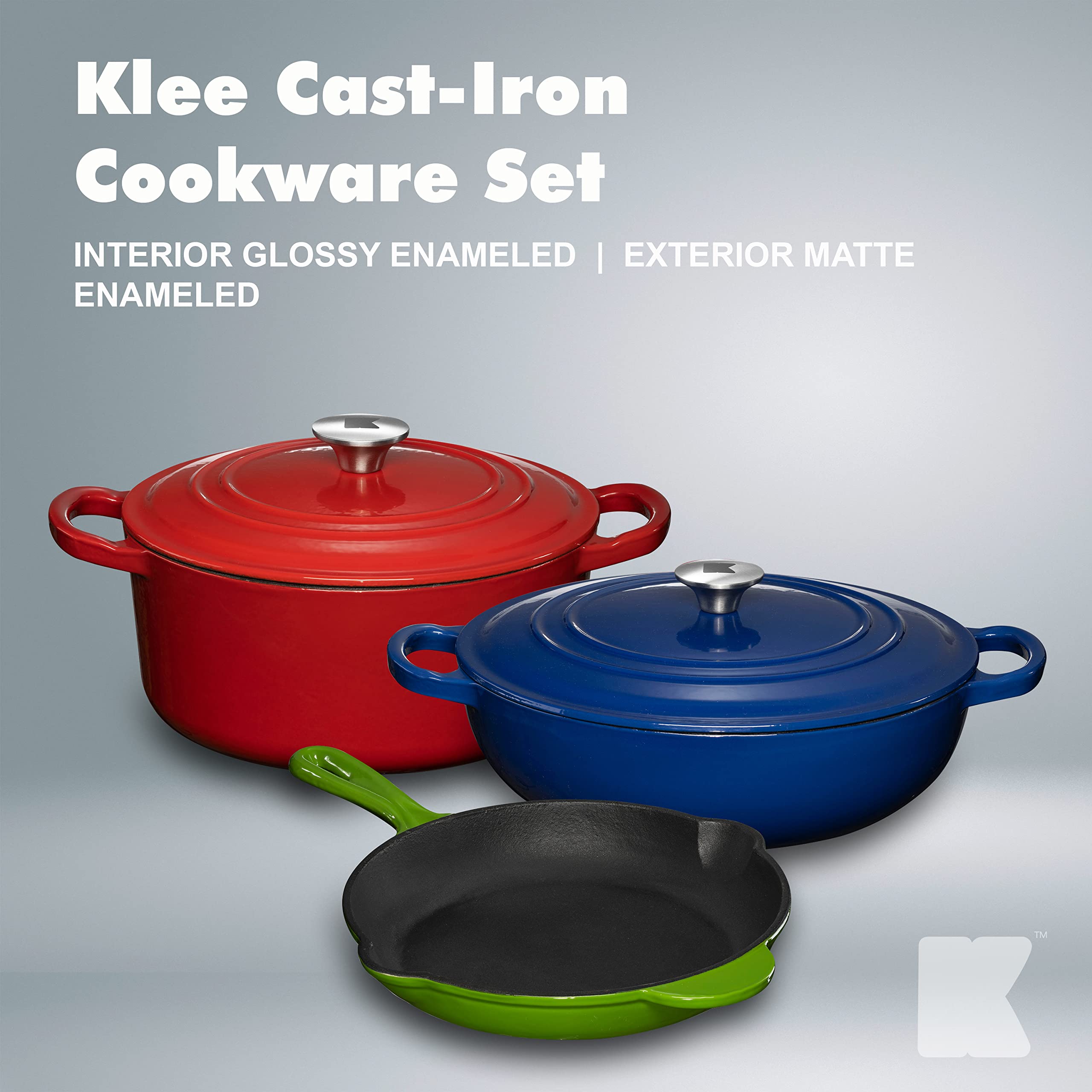 Enameled Cast Iron Cookware Set - 5 Pieces Solid Colored Braiser Dish, Fry Pan, & Dutch Oven Pot with Lids - Heavy Duty Non-Stick Kitchen Cookware Sets for Induction, Gas Stoves & All Cooktops